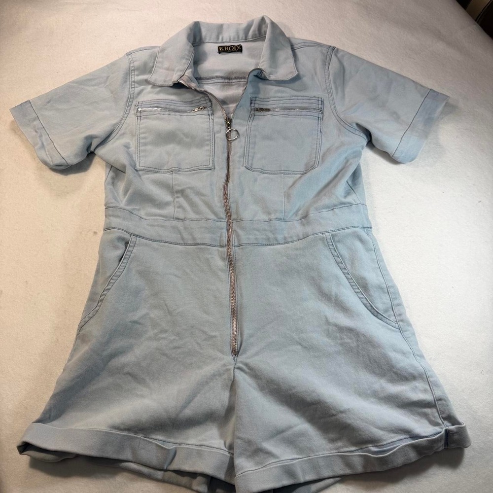 KROIX Light Blue Utility Romper Zip Front Short Sleeve Denim Look Size by Meas